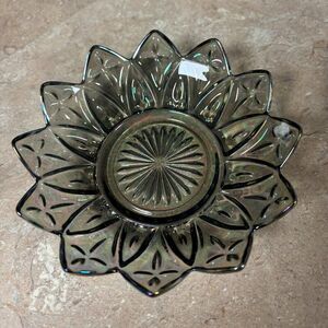 Vintage Indiana Glass Diamond Point Smoke Gray / Iridescent Dessert Dish